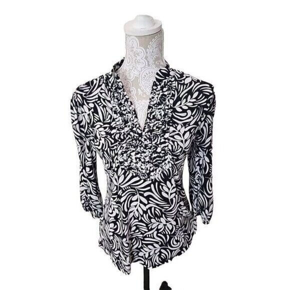 Style & Co. Black & White Floral Elbow Length Sleeve Top Women's Medium - Picture 1 of 7